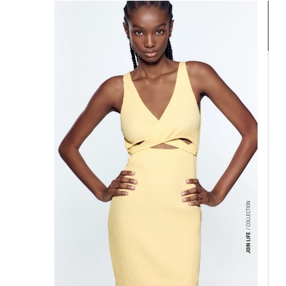 ZARA cut out ribbed midi dress pastel yellow butter yellow size medium summer - Picture 4 of 13